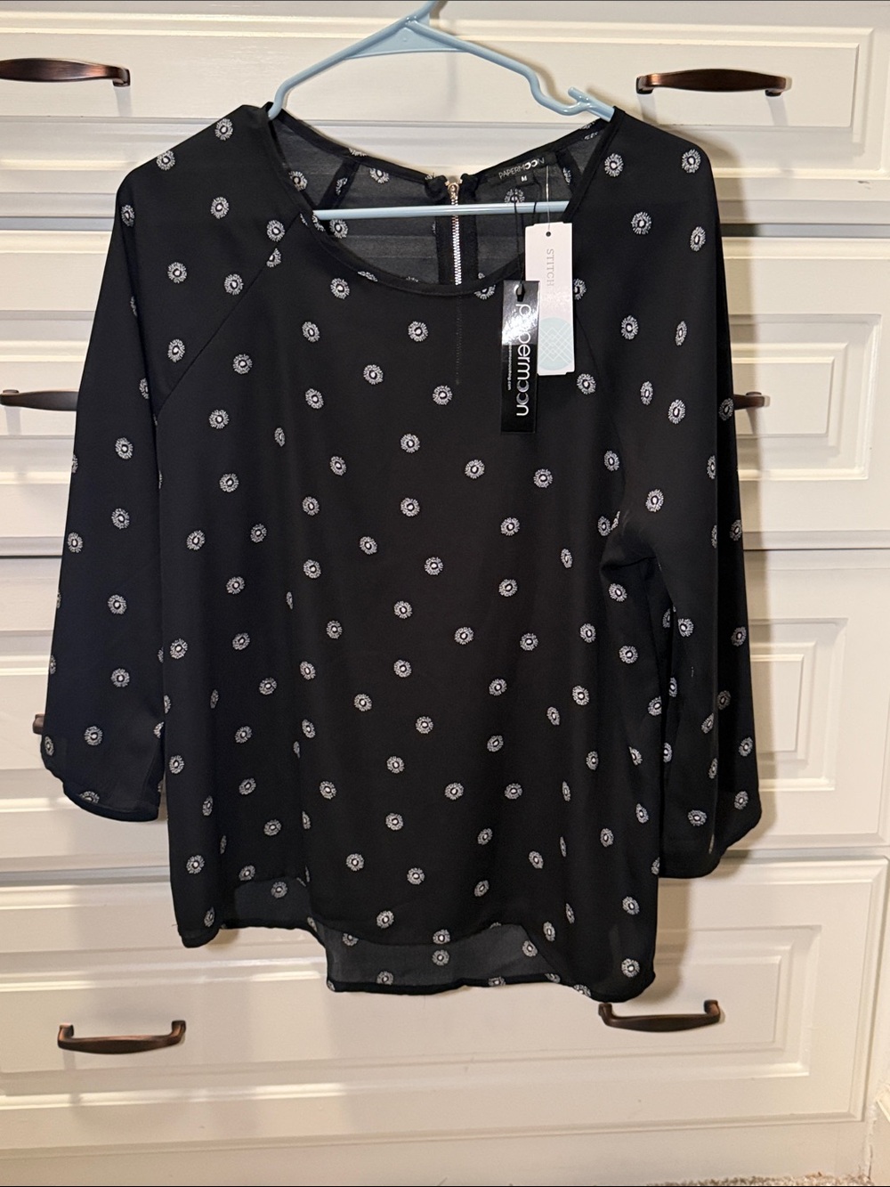 Papermoon Black Blouse with White Dot Floral Print